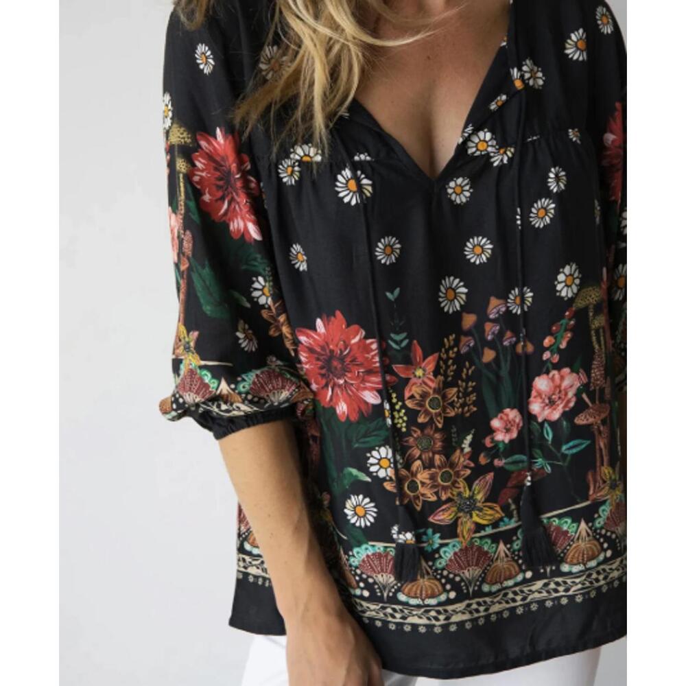 NATURAL LIFE Black Floral Boho Tunic with Red & Green Accents